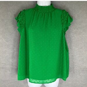CeCe Women's Green Swiss Dot Mock Neck Flutter Sleeve Top XL Office Modest